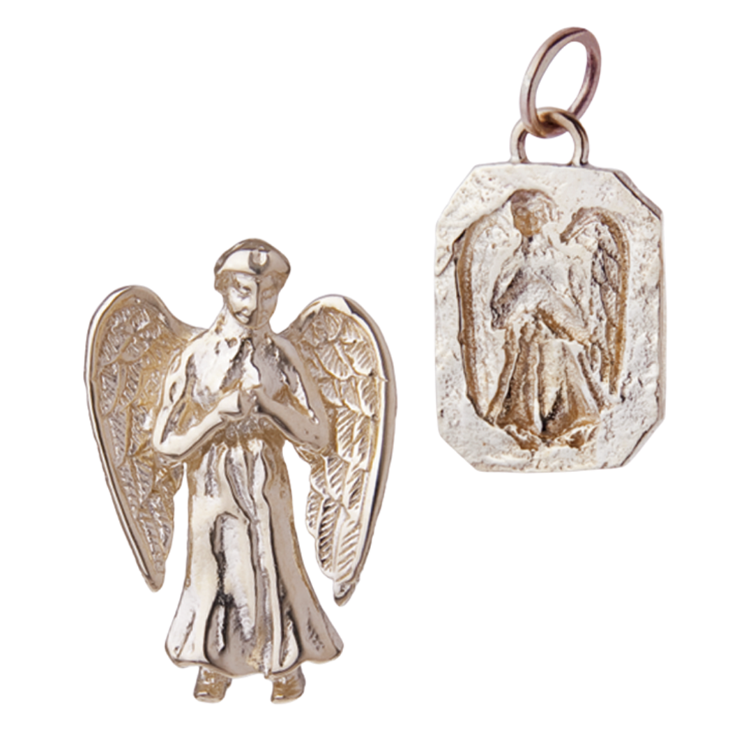 Temple of Man Esoteric Jewellery female angel solid gold pendant and male angel solid gold tablet medallion